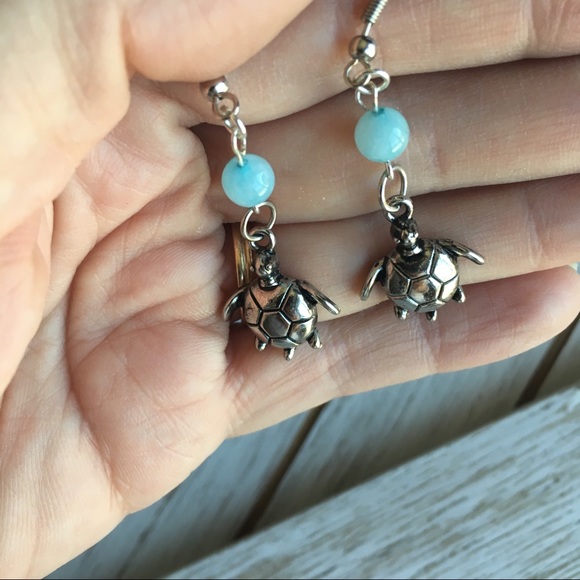 Icy Blue Jade and Turtle Earrings - Picture 2 of 2
